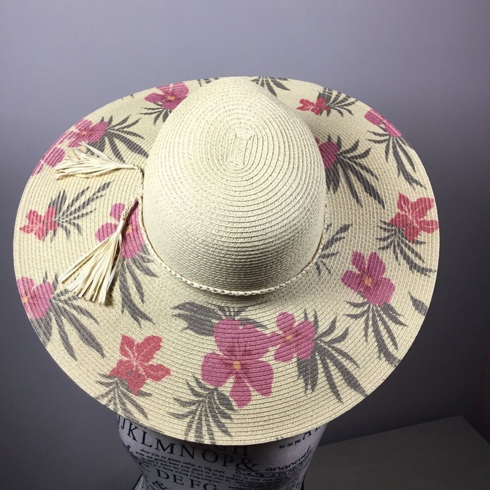 Karen Keith pink hibiscus pattern hat wide brim plaited rim detail 17 1/2” rim - Picture 4 of 8